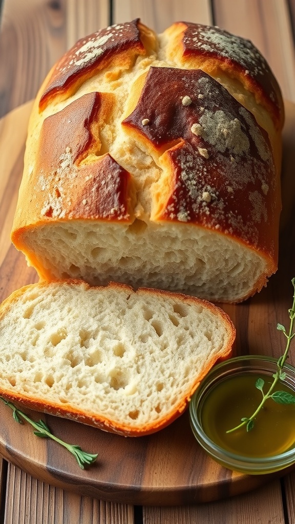 Simple Homemade Bread Recipes A golden brown loaf of homemade bread on a wooden board with herbs and olive oil.